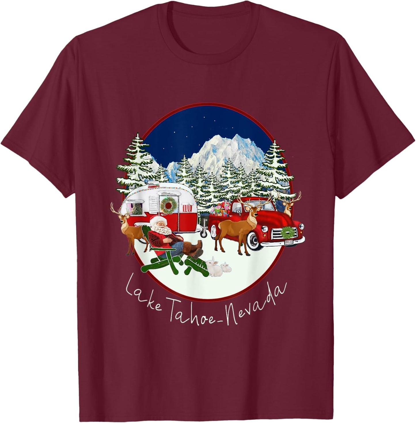 Lake Tahoe Nevada Mountain Santa Christmas Snow Fun Souvenir T-Shirt - T-Shirt | Maroon