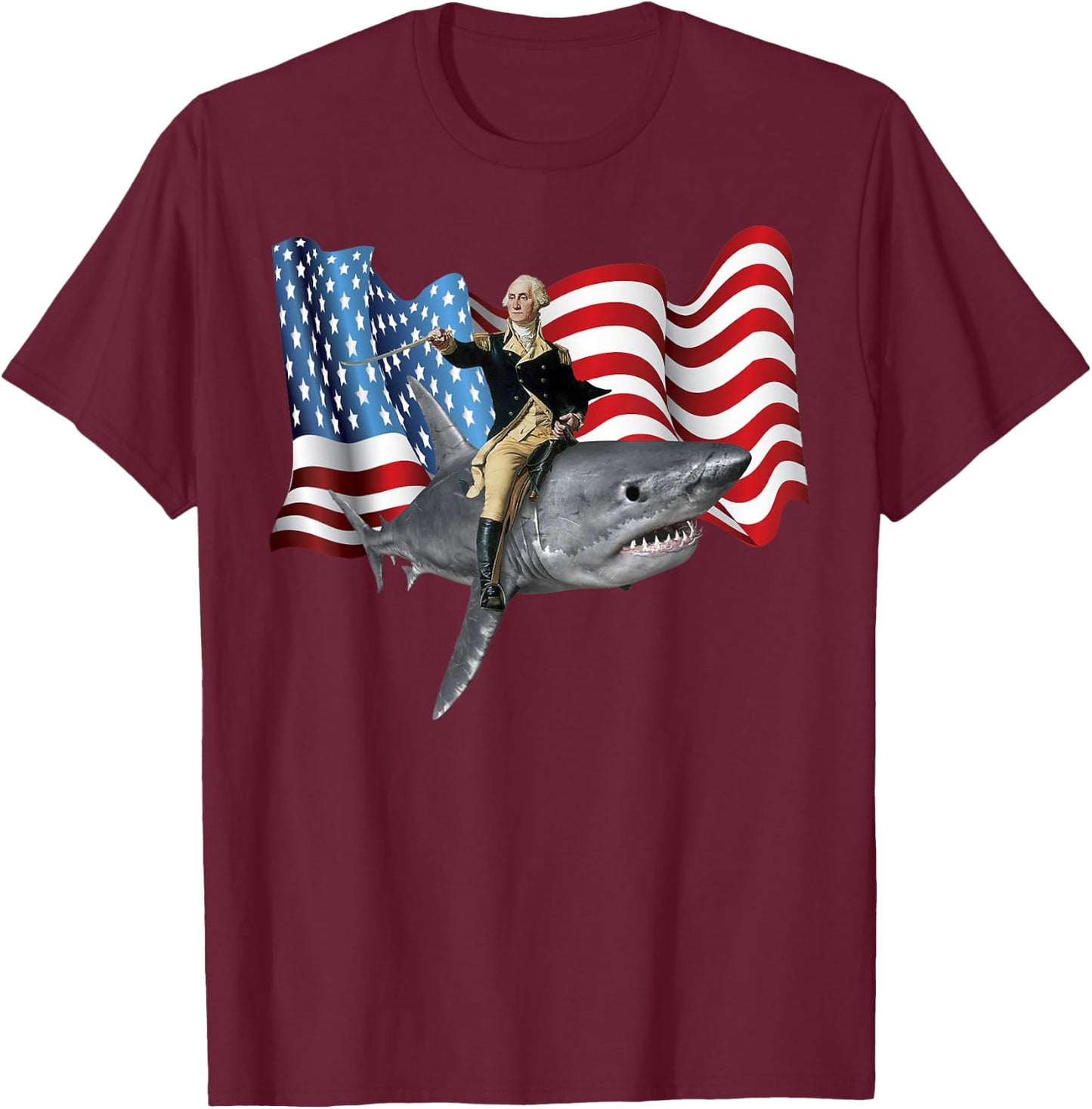 4th of July Washington Riding A Shark Patriotic Gift T-Shirt - T-Shirt | Maroon