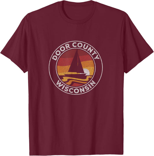 Door County Wisconsin Vintage Sailboat 70s Retro Sunset T-Shirt - T-Shirt | Maroon