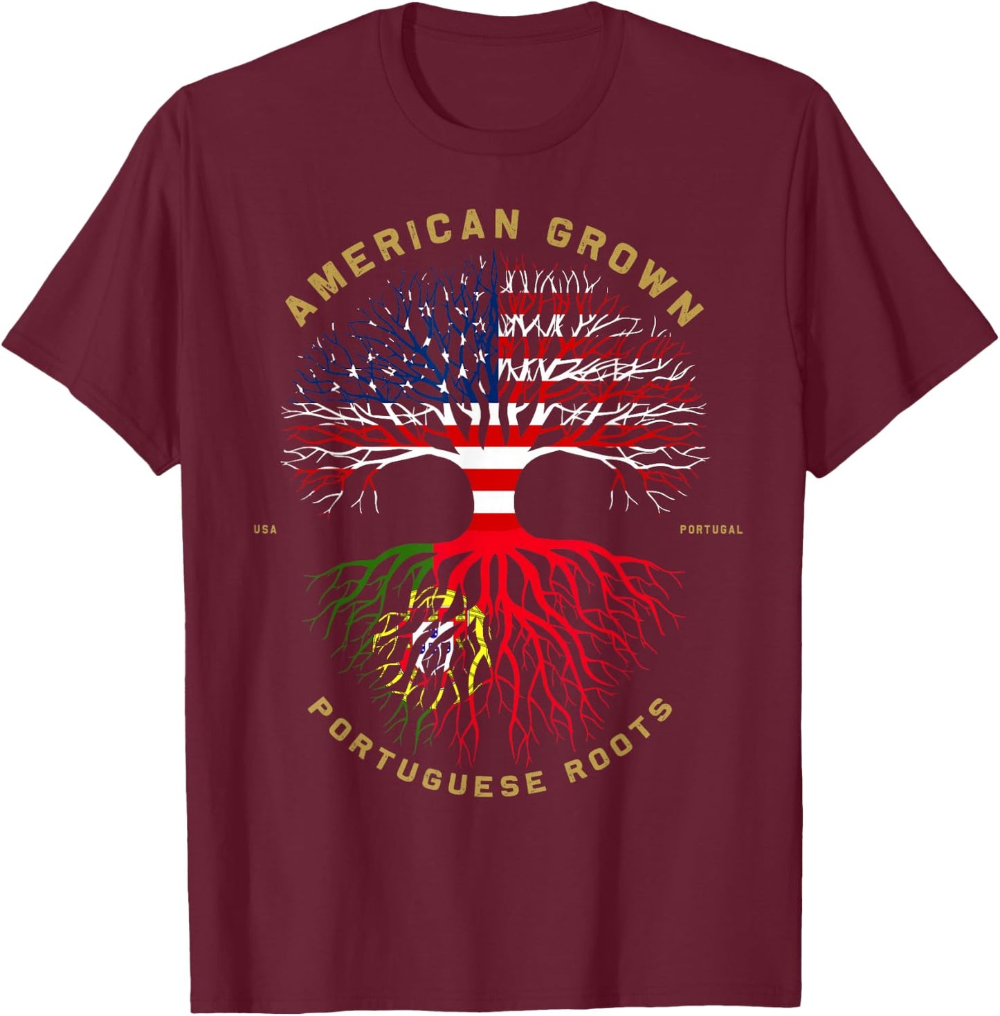 American Grown with Portuguese Roots Tree USA Flag Gifts T-Shirt - T-Shirt | Maroon