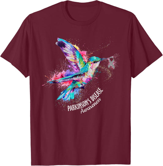 Hummingbird Parkinson's Disease Awareness Gray Ribbon T-Shirt - T-Shirt | Maroon