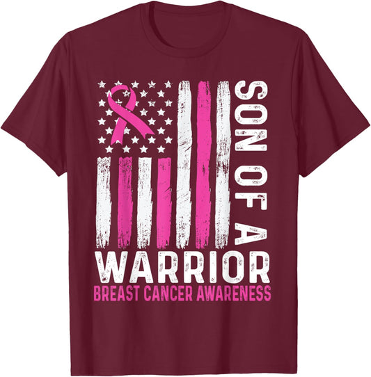 Son of a Warrior Cancer USA American Flag Breast Cancer Kids Men T-Shirt - T-Shirt | Maroon