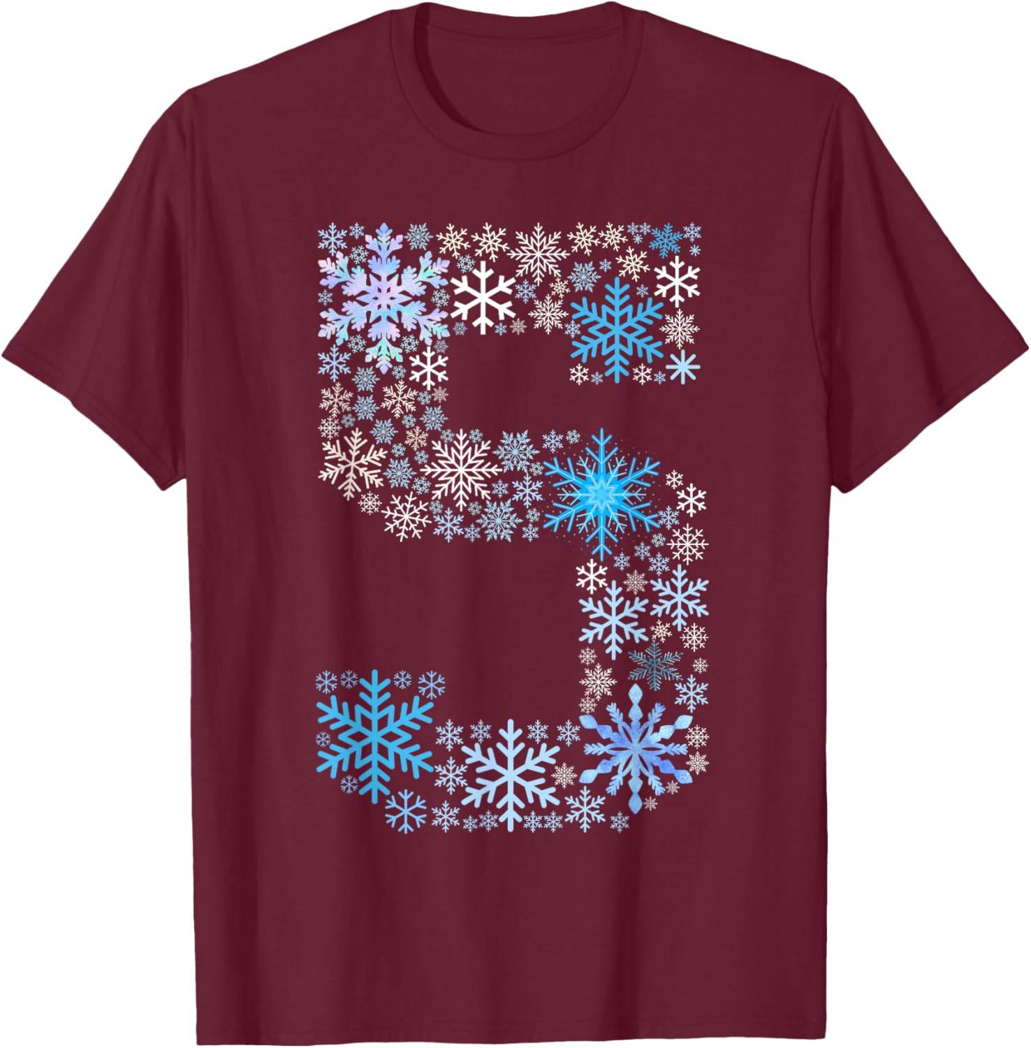 Fun 5th Birthday Christmas Snow Themed 5 Year Old Kids Girls T-Shirt - T-Shirt | Maroon