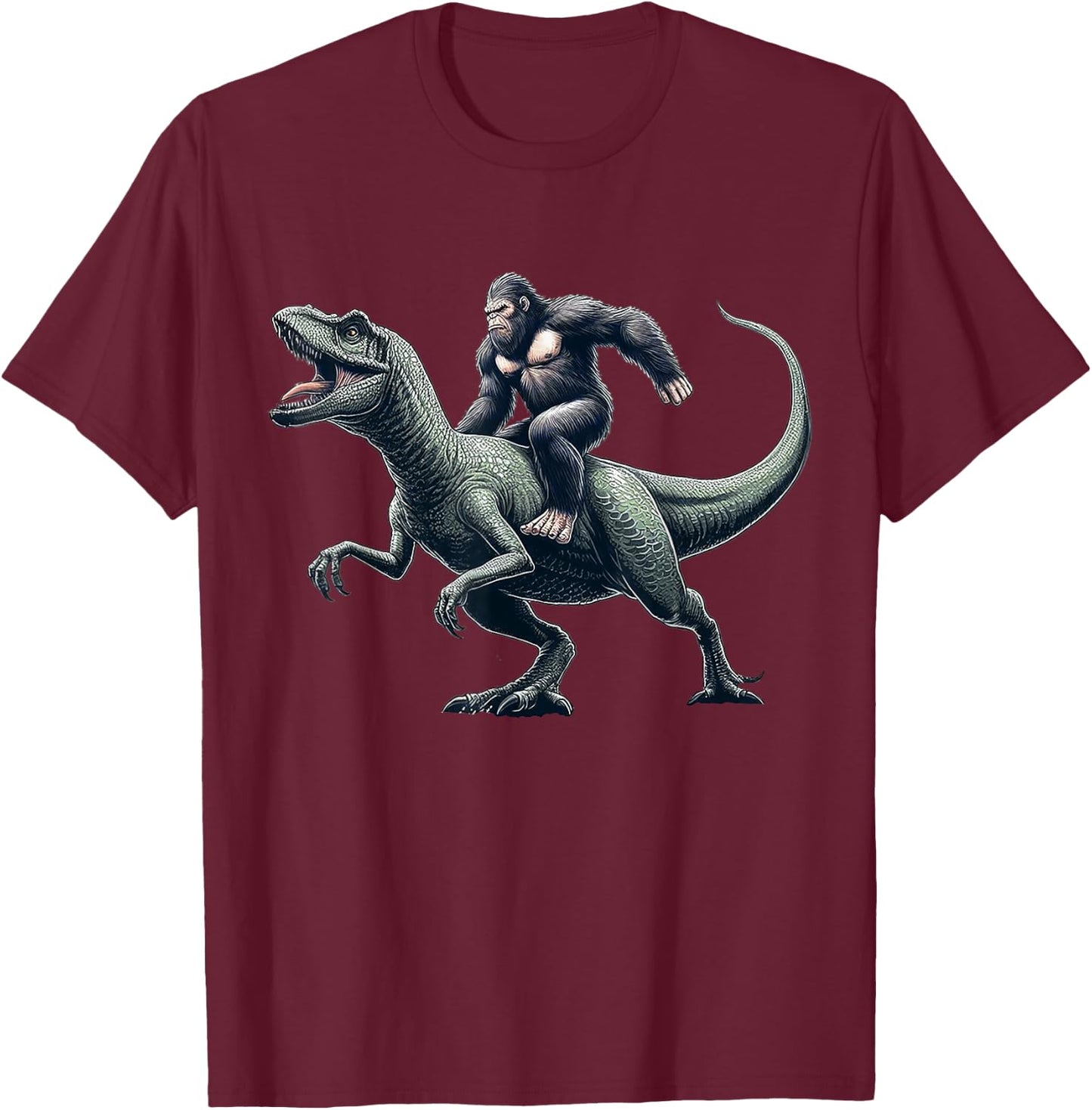 Bigfoot Riding Dinosaur T Rex Funny Gift Women Boys T-Shirt - T-Shirt | Maroon
