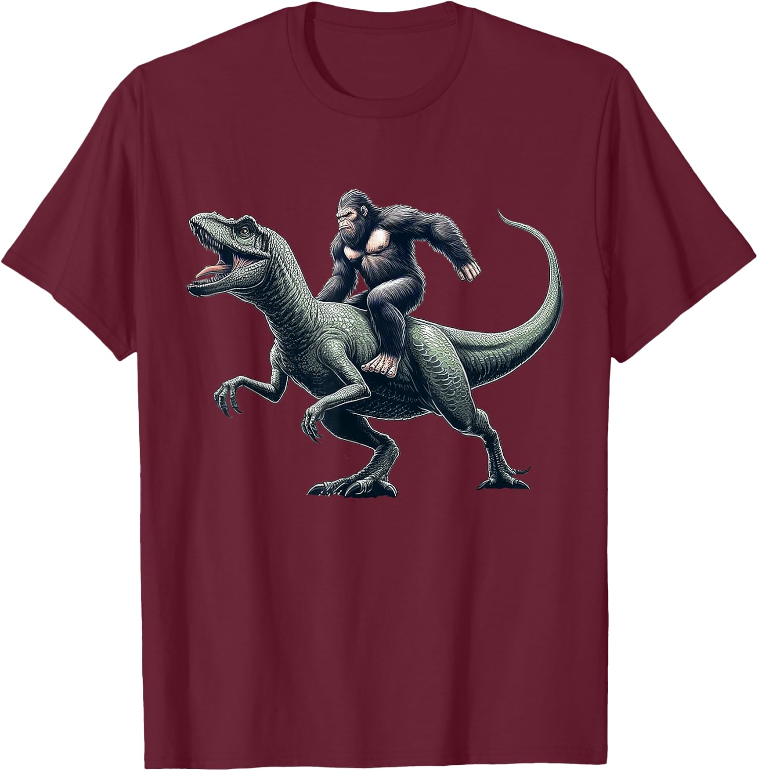 Bigfoot Riding Dinosaur T Rex Funny Gift Women Boys T-Shirt - T-Shirt | Maroon