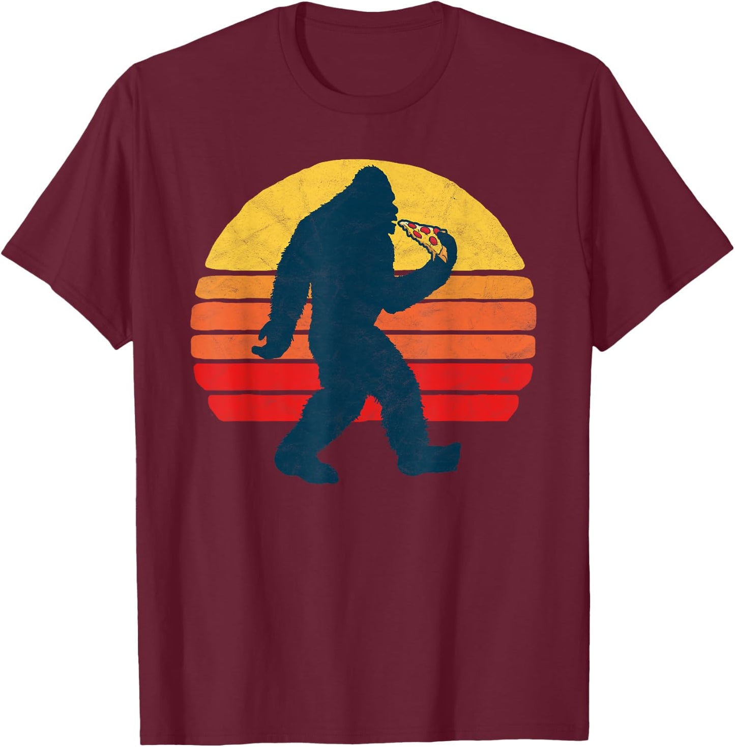 Sasquatch and Pizza! Funny Eating Bigfoot & 80s Sun Graphic T-Shirt - T-Shirt | Maroon