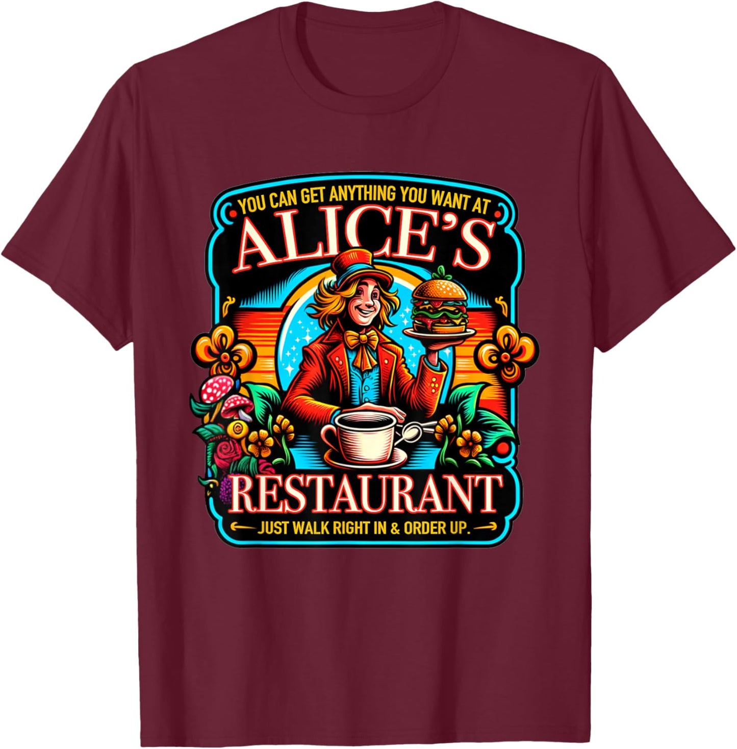 Alice's Restaurant Colorful Graphic T-Shirt - T-Shirt | Maroon
