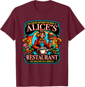 Alice's Restaurant Colorful Graphic T-Shirt - T-Shirt | Maroon