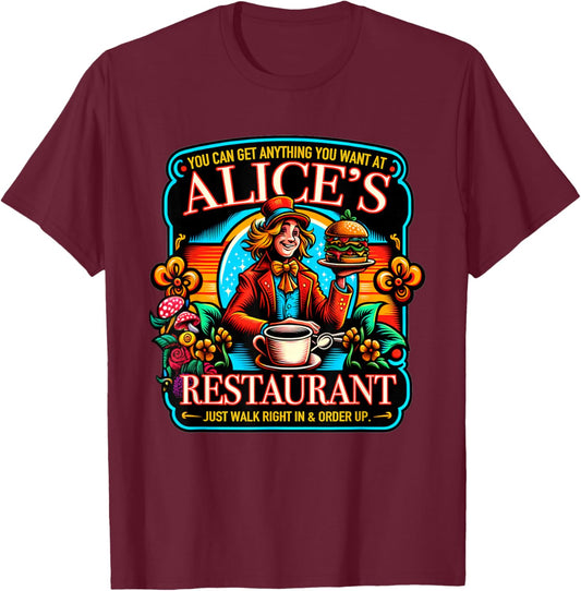 Alice's Restaurant Colorful Graphic T-Shirt - T-Shirt | Maroon