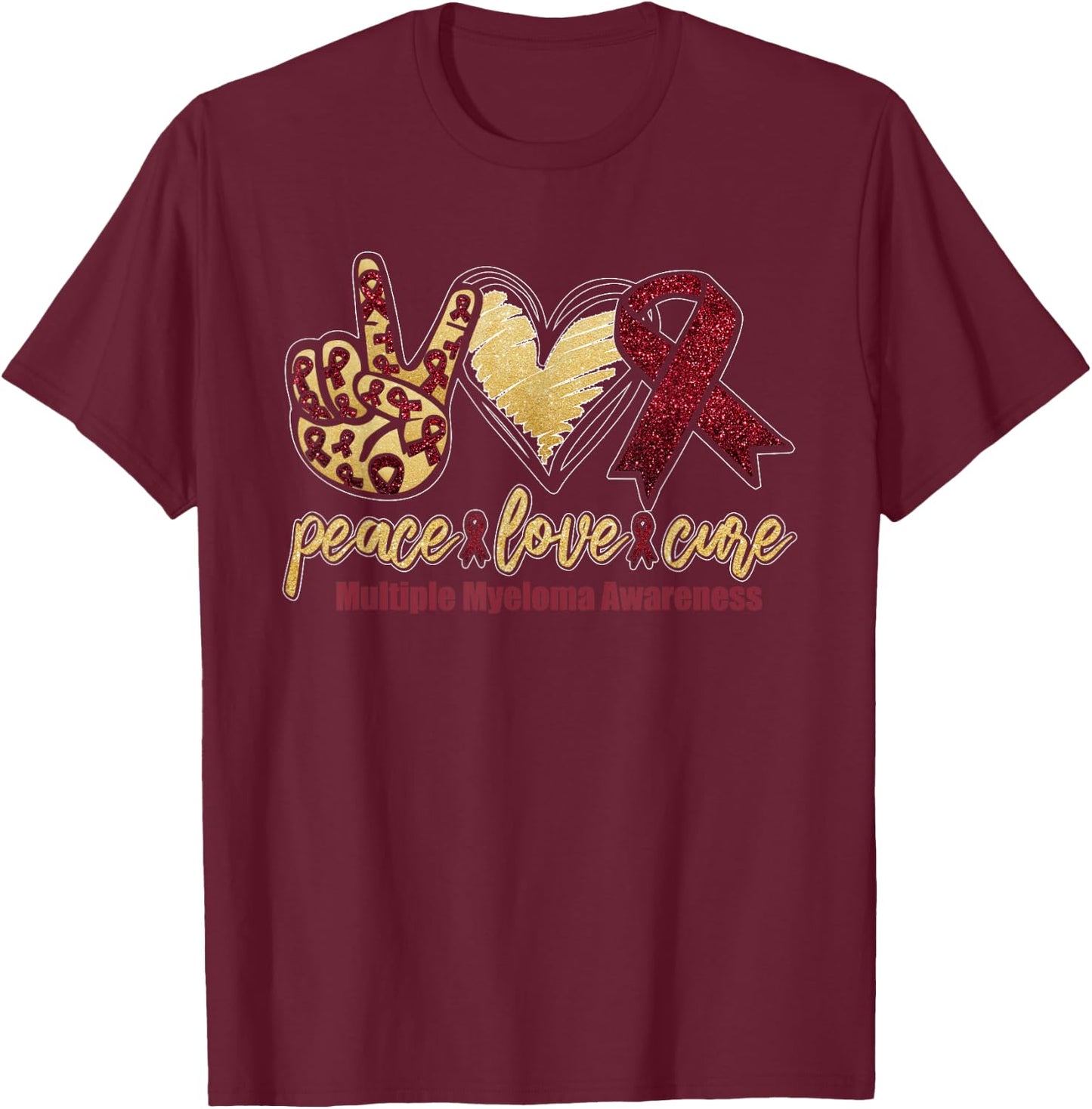 Peace. Love. Cure. | Multiple Myeloma Awareness Month T-Shirt - T-Shirt | Maroon