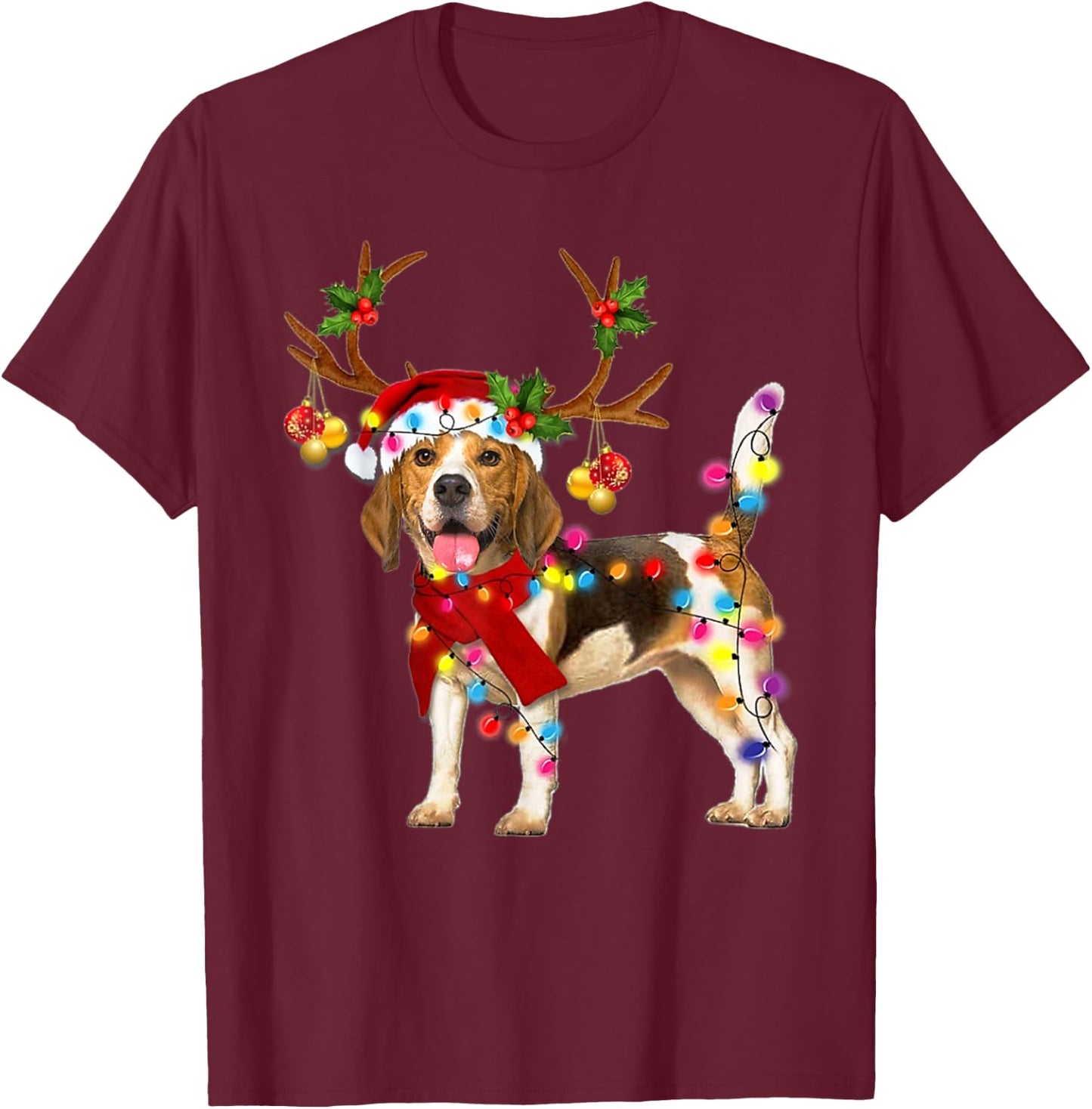 Beagle Gorgeous Reindeer Beagle Christmas Tree Light Xmas T-Shirt - T-Shirt | Maroon