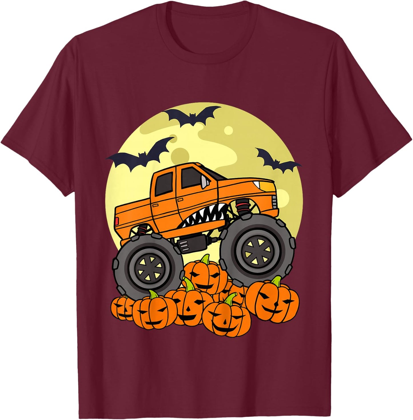 Kids Monster Truck Halloween Moon Jack O Lantern Pumpkin Toddler T-Shirt - T-Shirt | Maroon