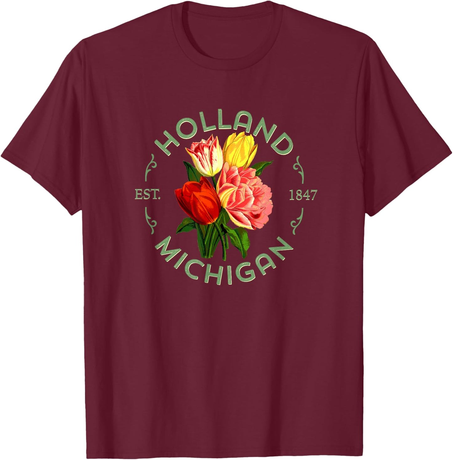 Holland Michigan Botanical Tulip Floral Women Girls Gardener T-Shirt - T-Shirt | Maroon