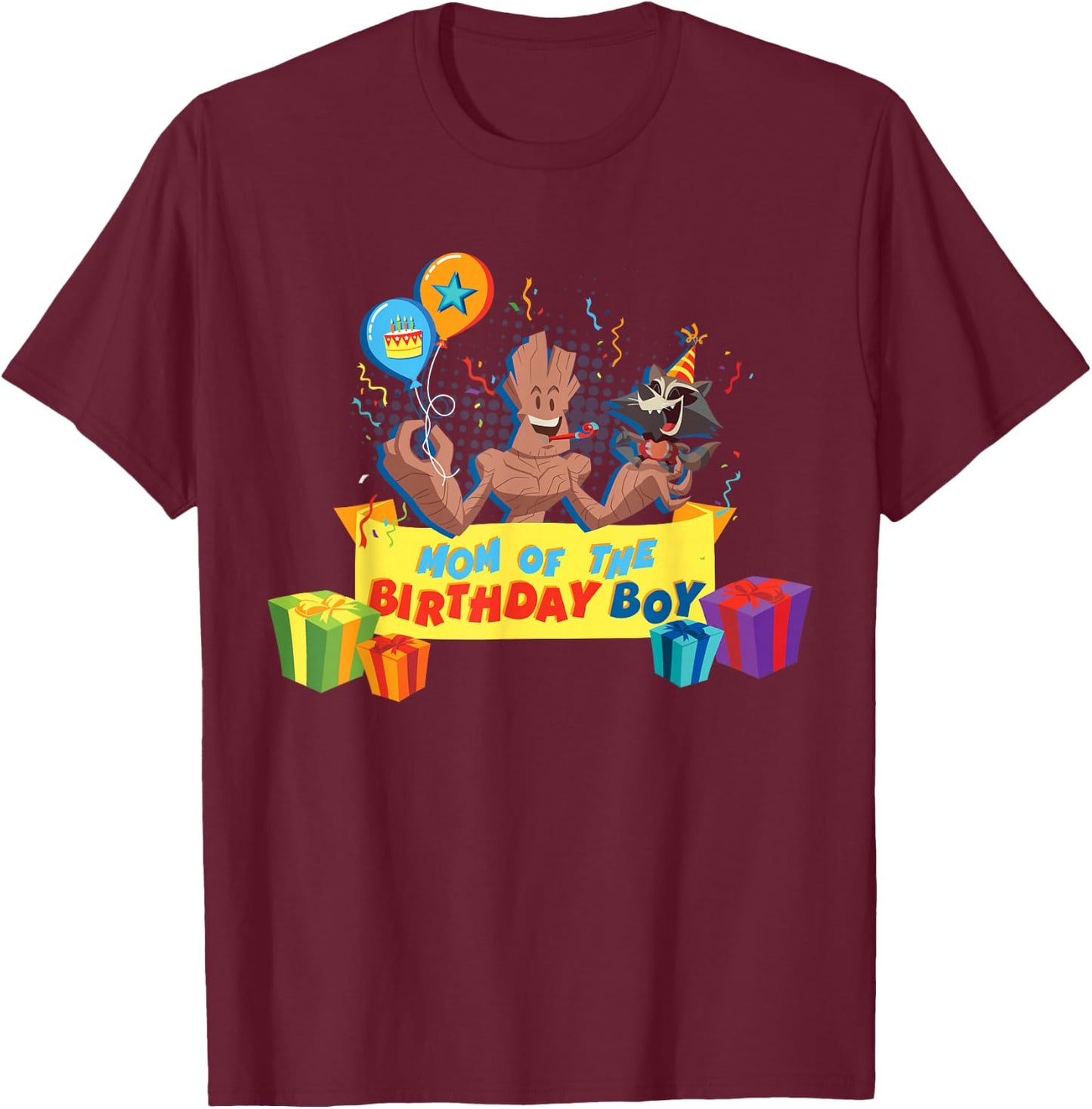 Marvel Rocket & Groot Family Party Mom of the Birthday Boy T-Shirt - T-Shirt | Maroon