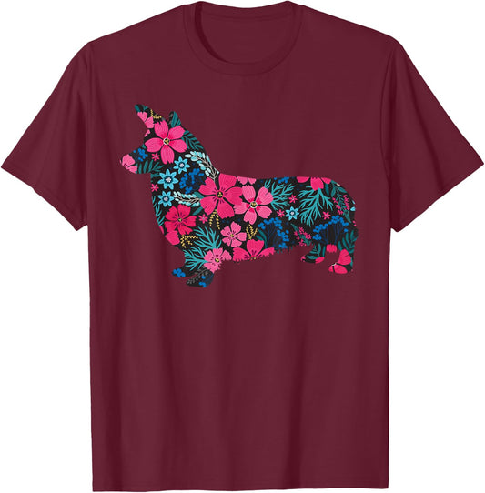 Corgi Floral Gift Corgi Lover Men Women T-Shirt - T-Shirt | Maroon