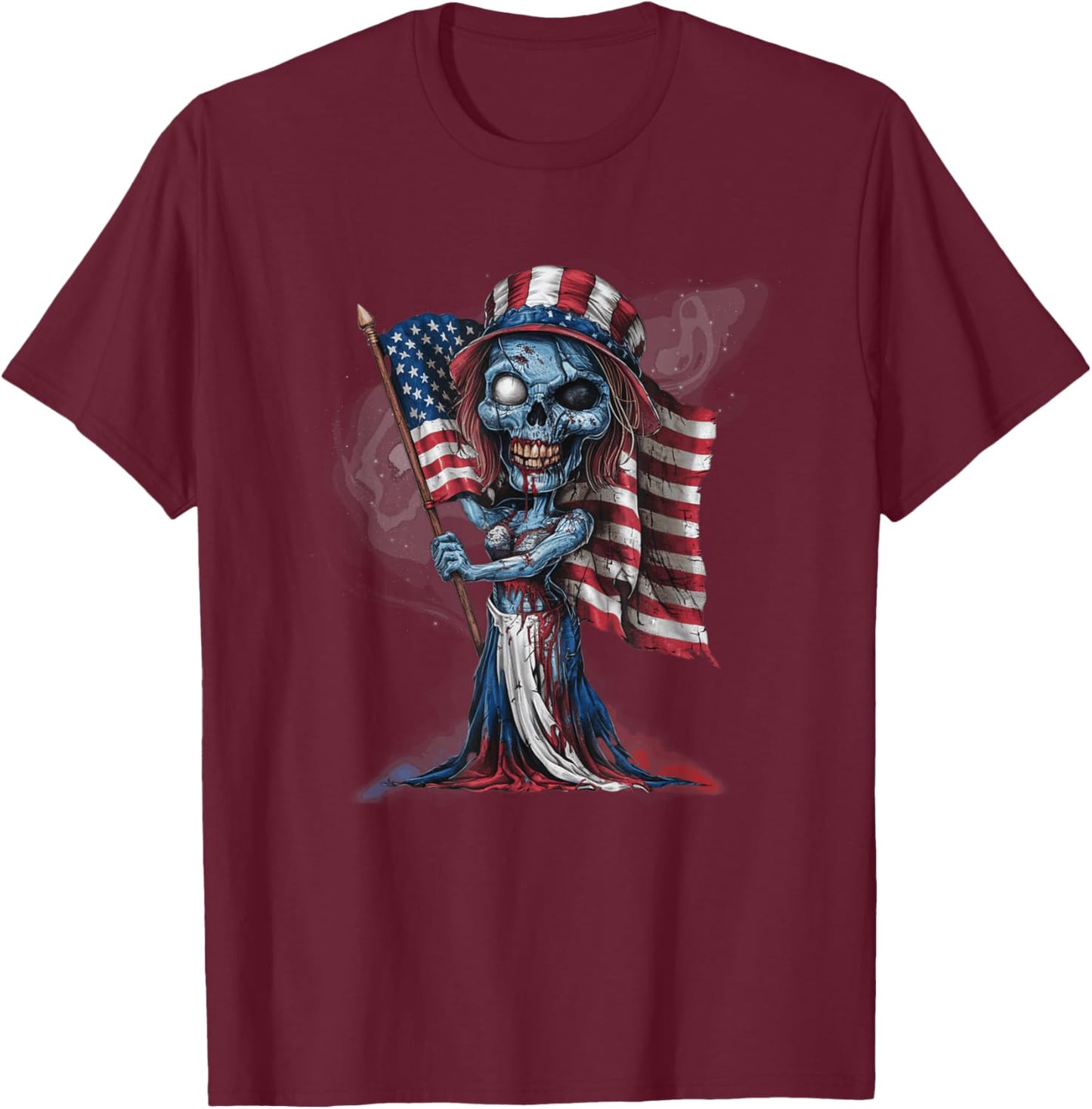 Patriotic Skeleton Halloween American Flag Gothic Horror T-Shirt - T-Shirt | Maroon