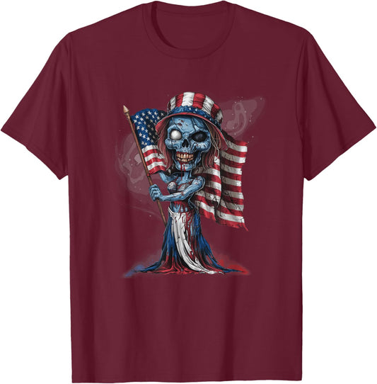 Patriotic Skeleton Halloween American Flag Gothic Horror T-Shirt - T-Shirt | Maroon