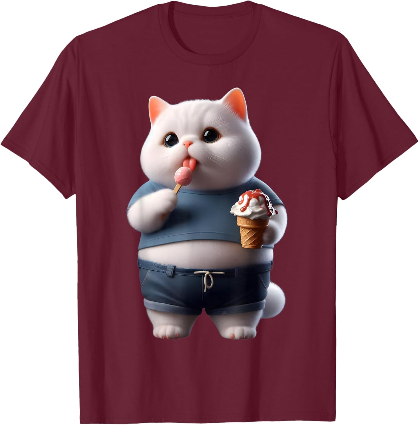 Funny Fat Cat Men Women Kids Ice Cream Fat Kitten Cat Lover T-Shirt - T-Shirt | Maroon