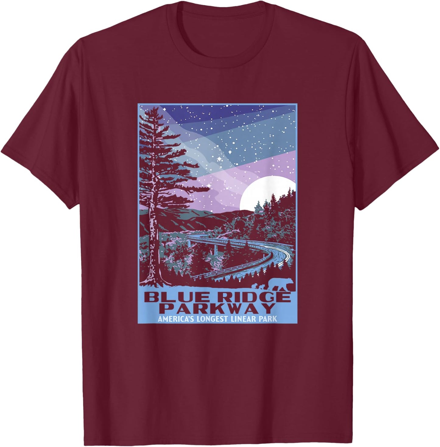 Blue Ridge Parkway at Night WPA Style Vintage Stars & Moon T-Shirt - T-Shirt | Maroon