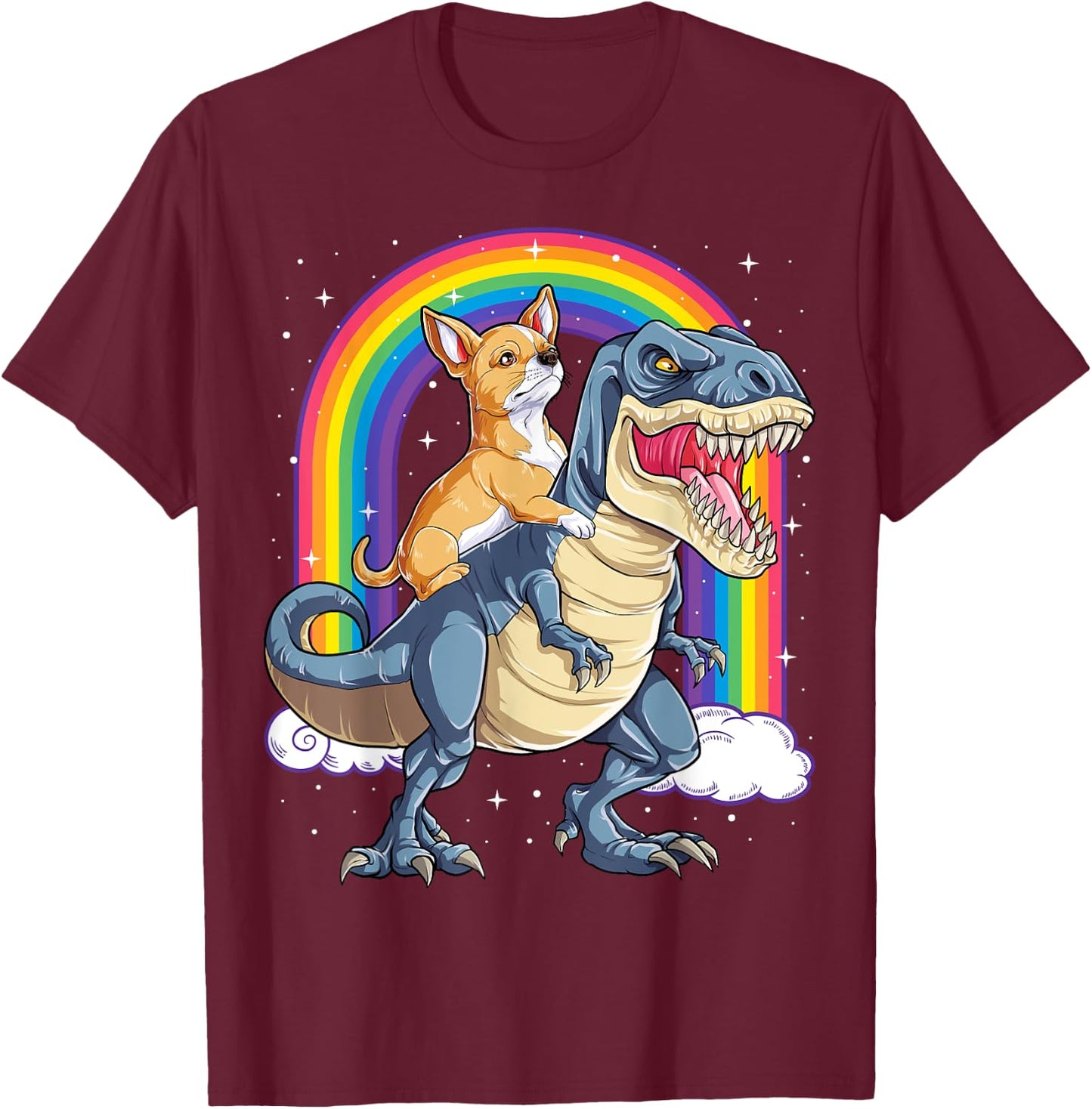 Chihuahua Riding Dinosaur T-rex Gifts Boys Kids Men Rainbow T-Shirt - T-Shirt | Maroon
