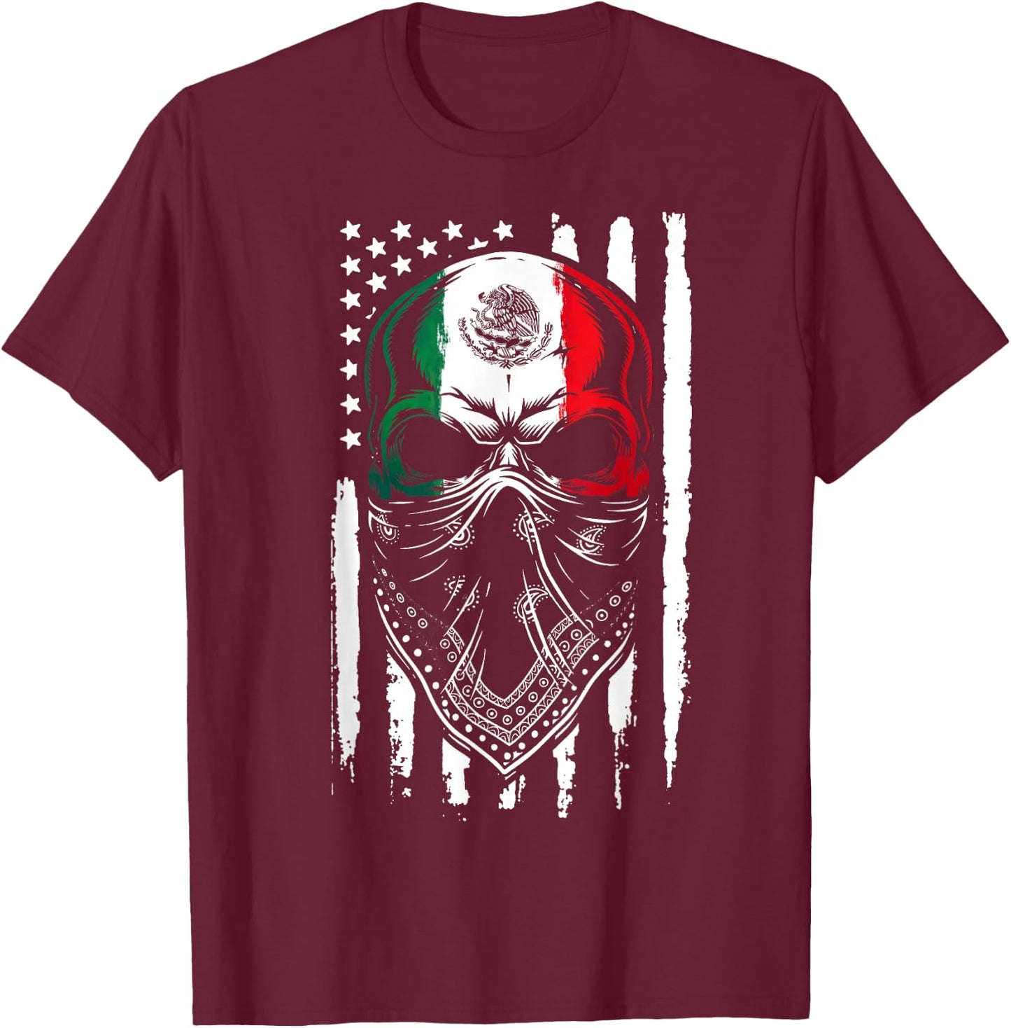 Skull Patriotic Mexican American Aztec Day of The Dead T-Shirt - T-Shirt | Maroon