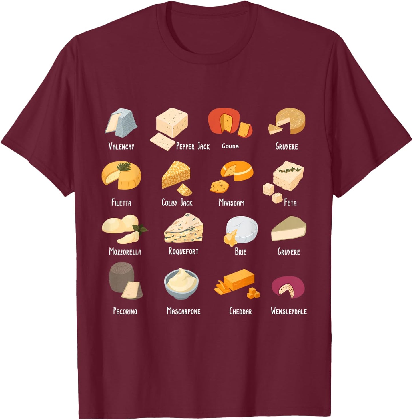 Funny Vintage Cheese Chart for Cheese Lover Cheese T-Shirt - T-Shirt | Maroon
