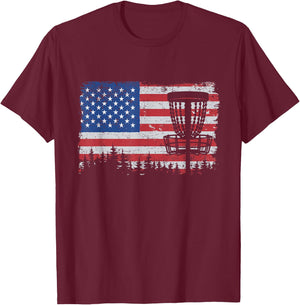 US American Flag Disc Golf Basket Frisbee Vintage Disc Golf T-Shirt - T-Shirt | Maroon