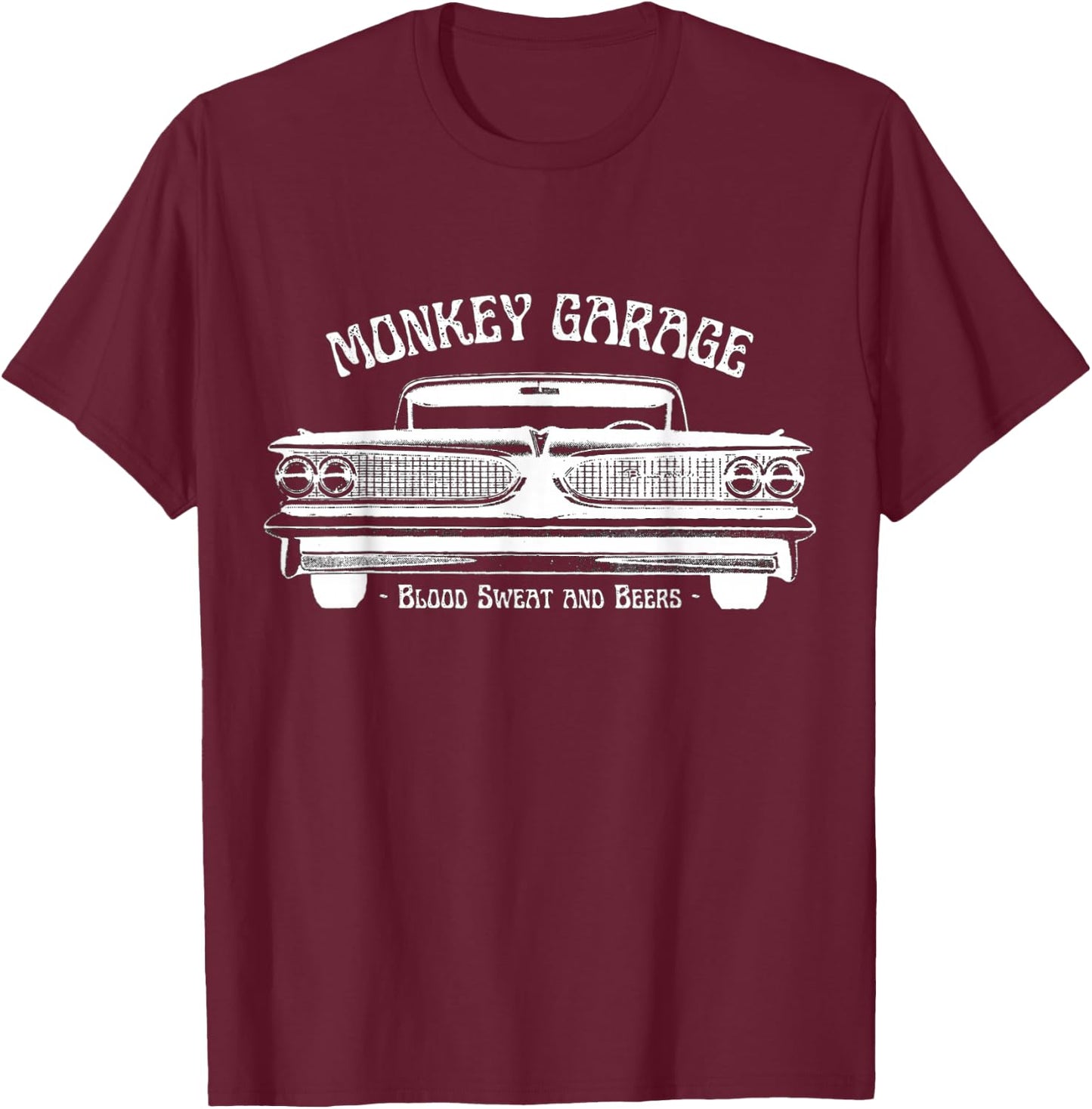 Monkey Garage: Gas Station: Blood Sweat and Beers T-Shirt - T-Shirt | Maroon