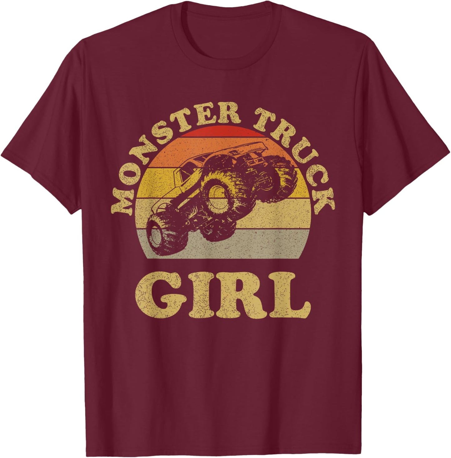 Monster Truck Girl Shirt Retro Vintage Sunset Design Girls T-Shirt - T-Shirt | Maroon