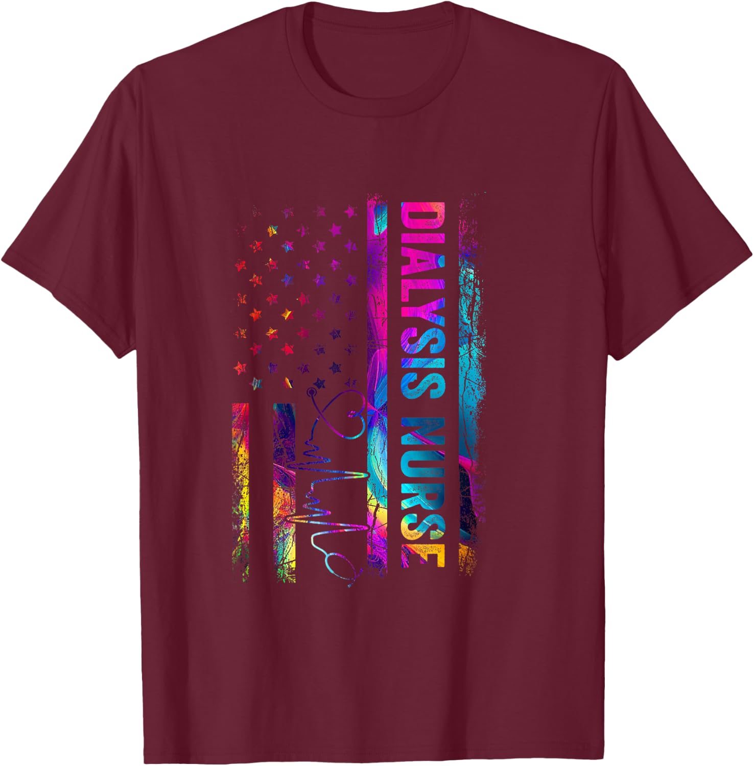 Dialysis Nurse Tie Dye American Flag Patriotic Nurse Day T-Shirt - T-Shirt | Maroon