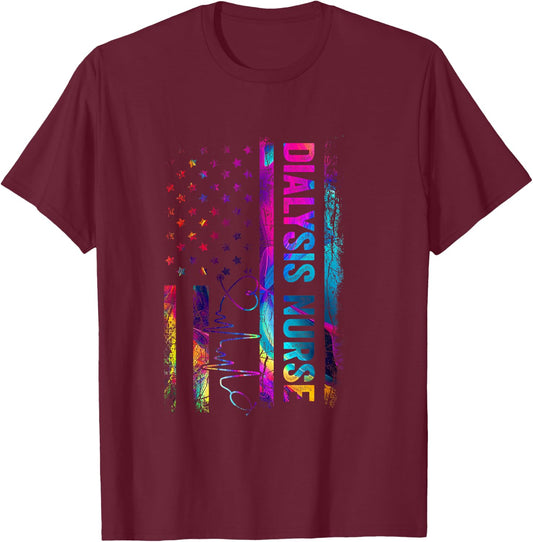 Dialysis Nurse Tie Dye American Flag Patriotic Nurse Day T-Shirt - T-Shirt | Maroon