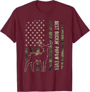 Best Buckin' Papaw Camo American Flag Deer Hunting Gift T-Shirt - T-Shirt | Maroon