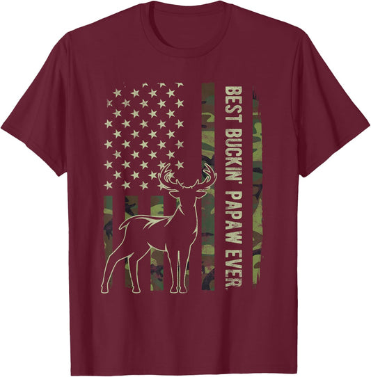 Best Buckin' Papaw Camo American Flag Deer Hunting Gift T-Shirt - T-Shirt | Maroon