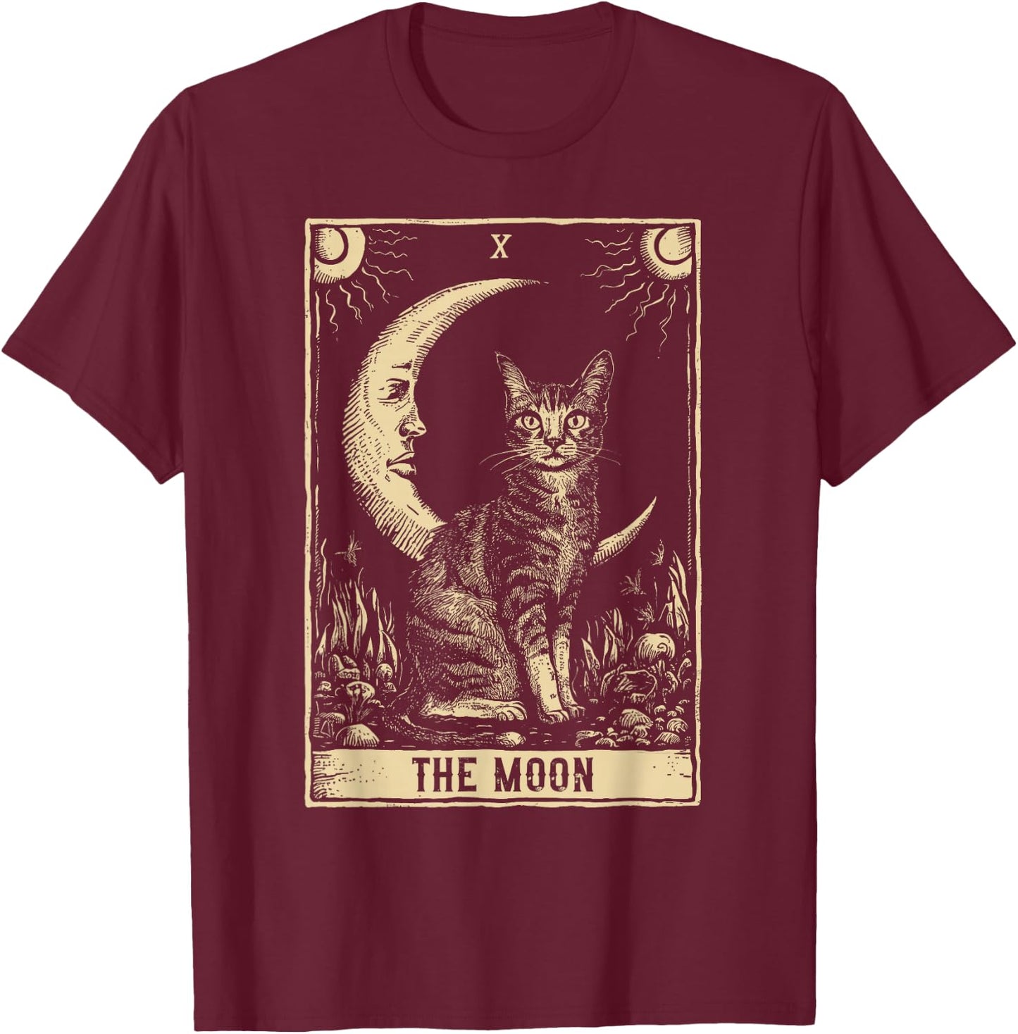 Crescent Moon And Cat Tarot Card T-Shirt - T-Shirt | Maroon