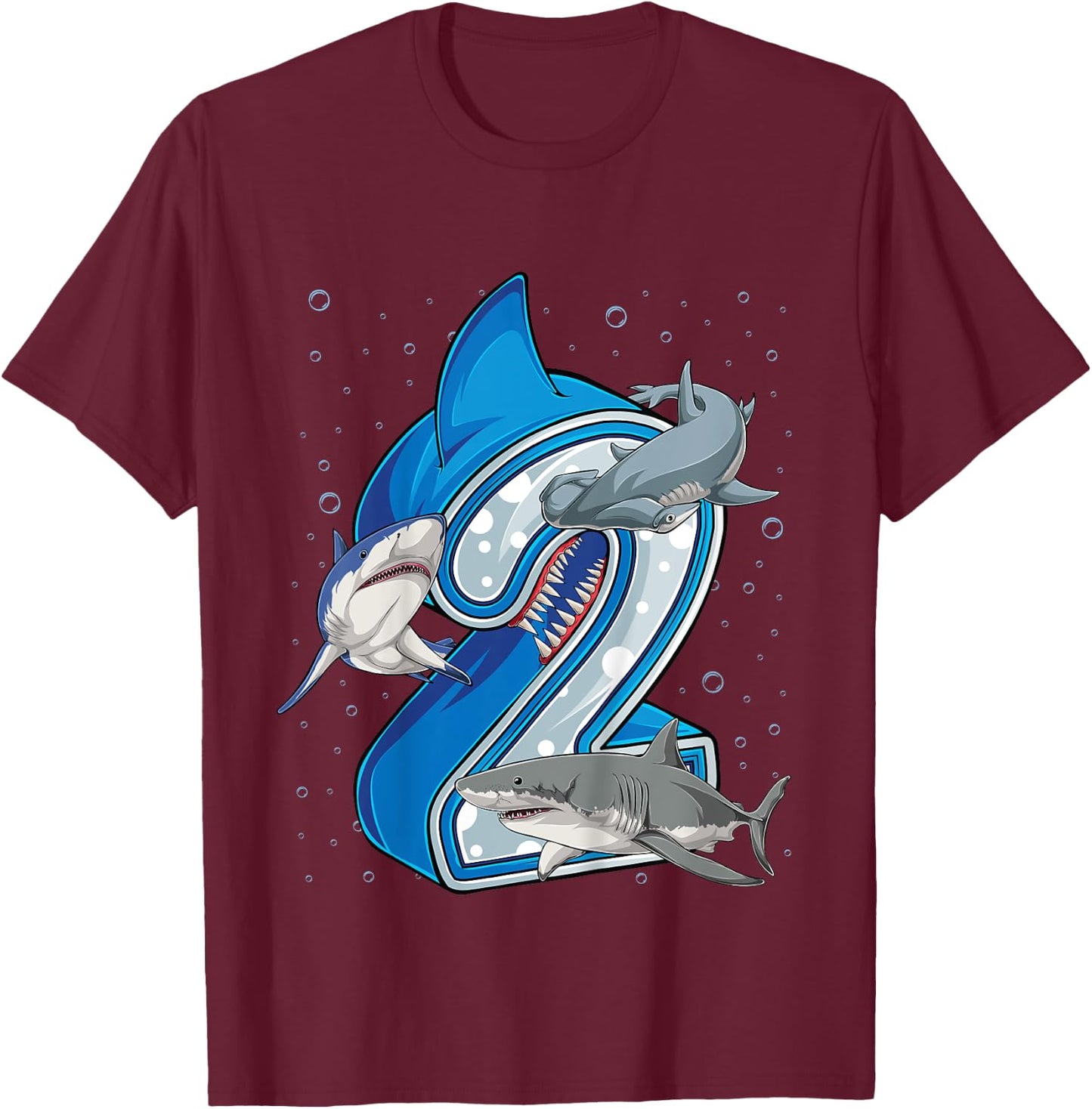 Kids 2nd Birthday Boys Shark 2 years Old Ocean Shark B-day T-Shirt - T-Shirt | Maroon