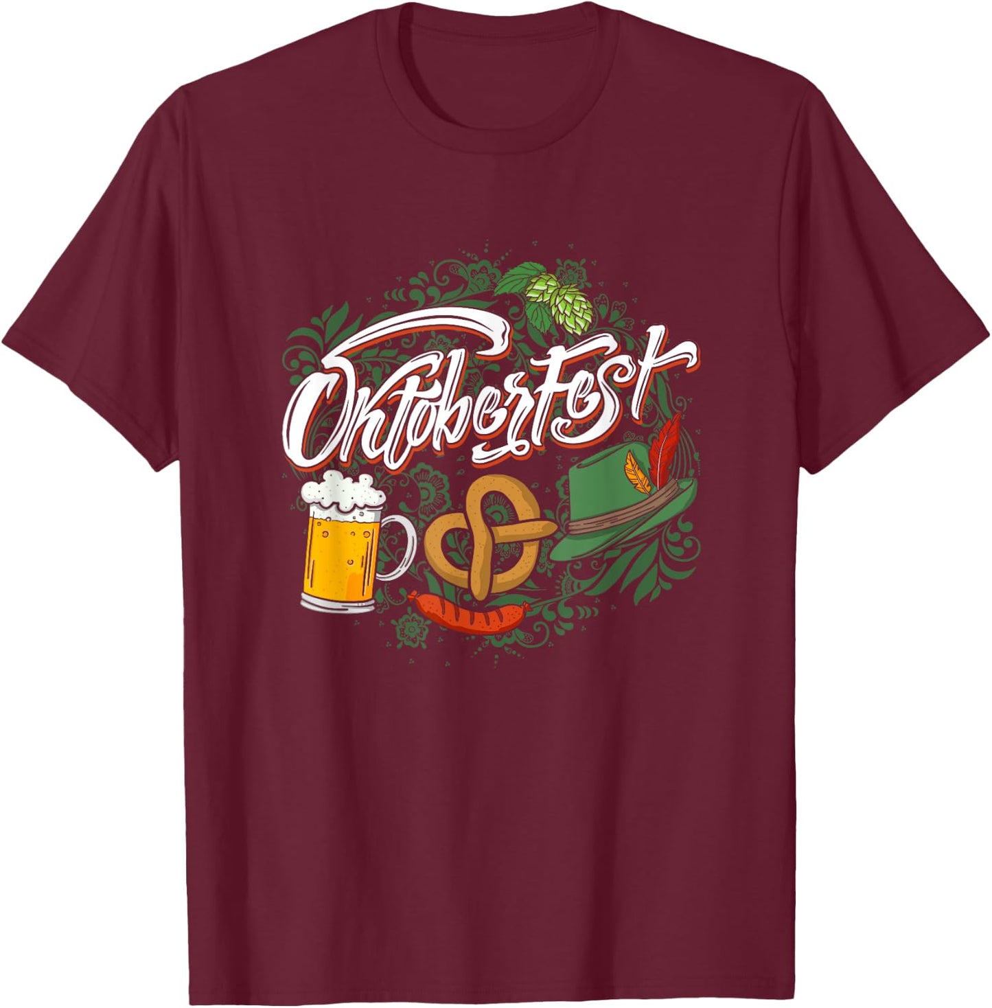 Oktoberfest Funny Beer Hat Pretzel And Edelweiss T-Shirt - T-Shirt | Maroon