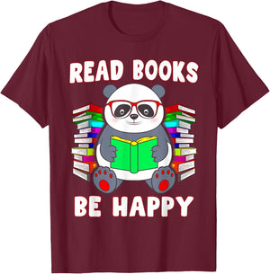 Read Books Be Happy Panda Literacy Reading Teacher T-Shirt - T-Shirt | Maroon