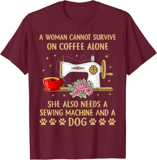 Funny Sewing Dog Coffee Lover Sewing machine Quilting Quilt T-Shirt - T-Shirt | Maroon