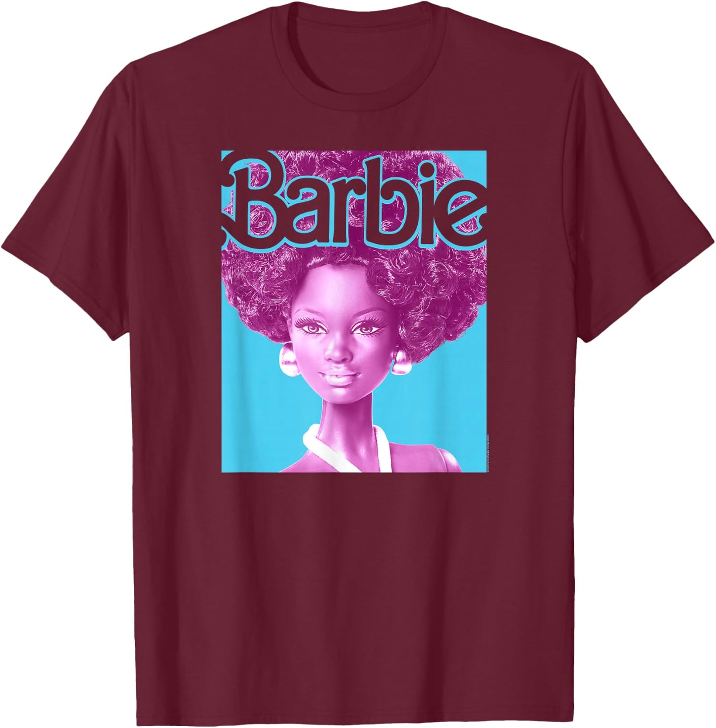 Barbie Afro Doll Classic Fit : Adult Round Neck, Black, Short Sleeve, Cotton-Polyester T-Shirt - T-Shirt | Maroon