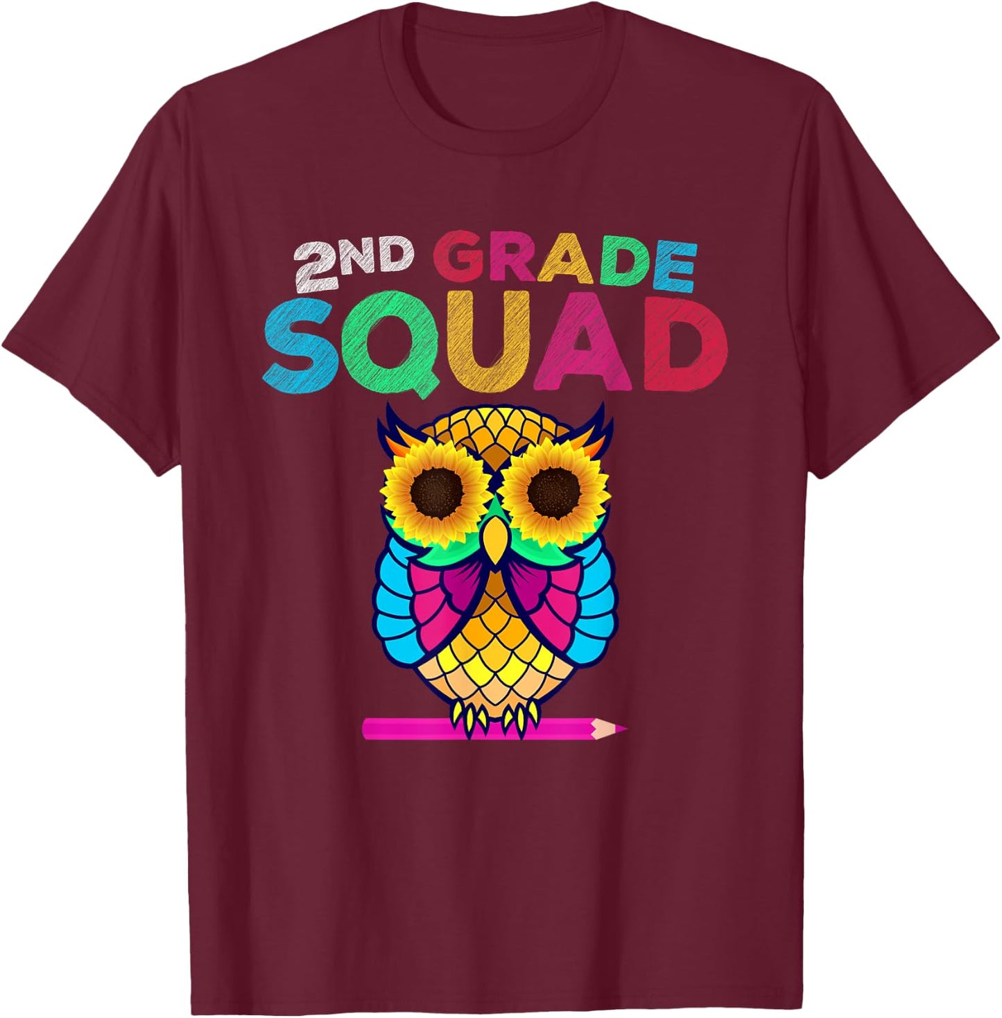 2nd Grade Squad Sunflower Owl Second Grade Teacher Men Women Kids T-Shirt - T-Shirt | Maroon
