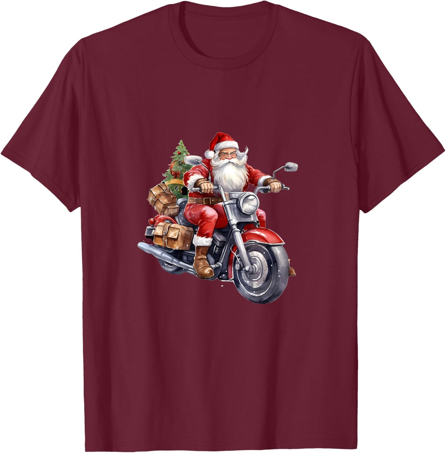 Biker Santa Claus On Motorcycle Funny Christmas Biking T-Shirt - T-Shirt | Maroon