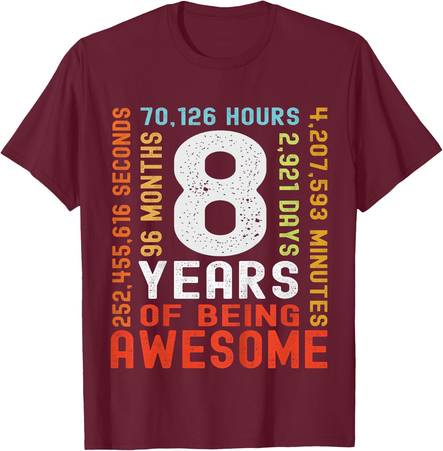 Kids 8th Birthday 8 Years Old Vintage Retro 96 Months Boy Girl T-Shirt - T-Shirt | Maroon