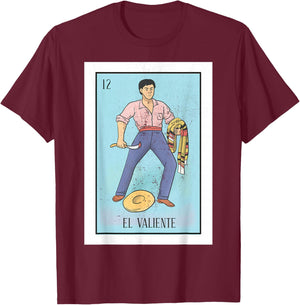 Retro El Valiente Mexican Lottery Bingo Game The Brave Card T-Shirt - T-Shirt | Maroon