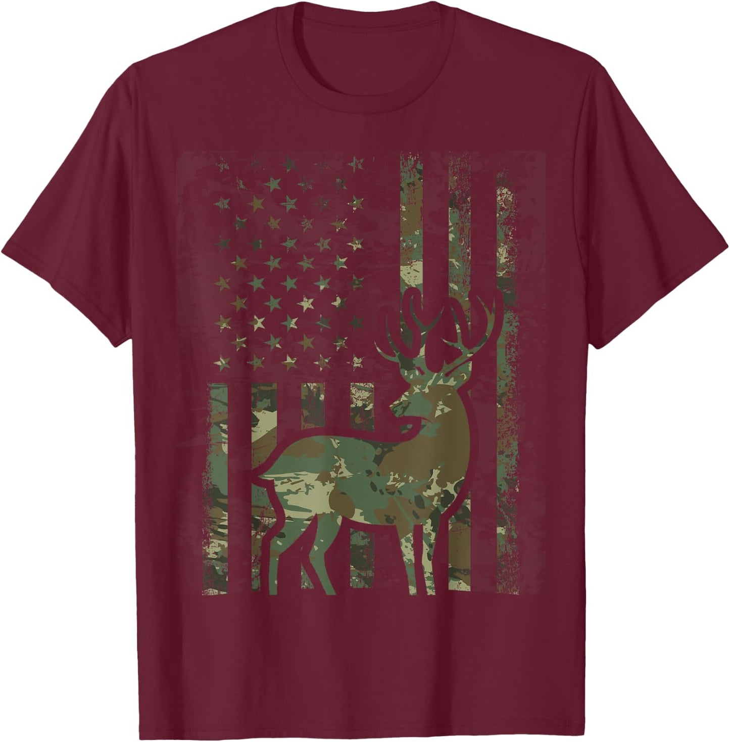Camo American Flag Buck Hunting Gift Deer Hunter T-Shirt - T-Shirt | Maroon