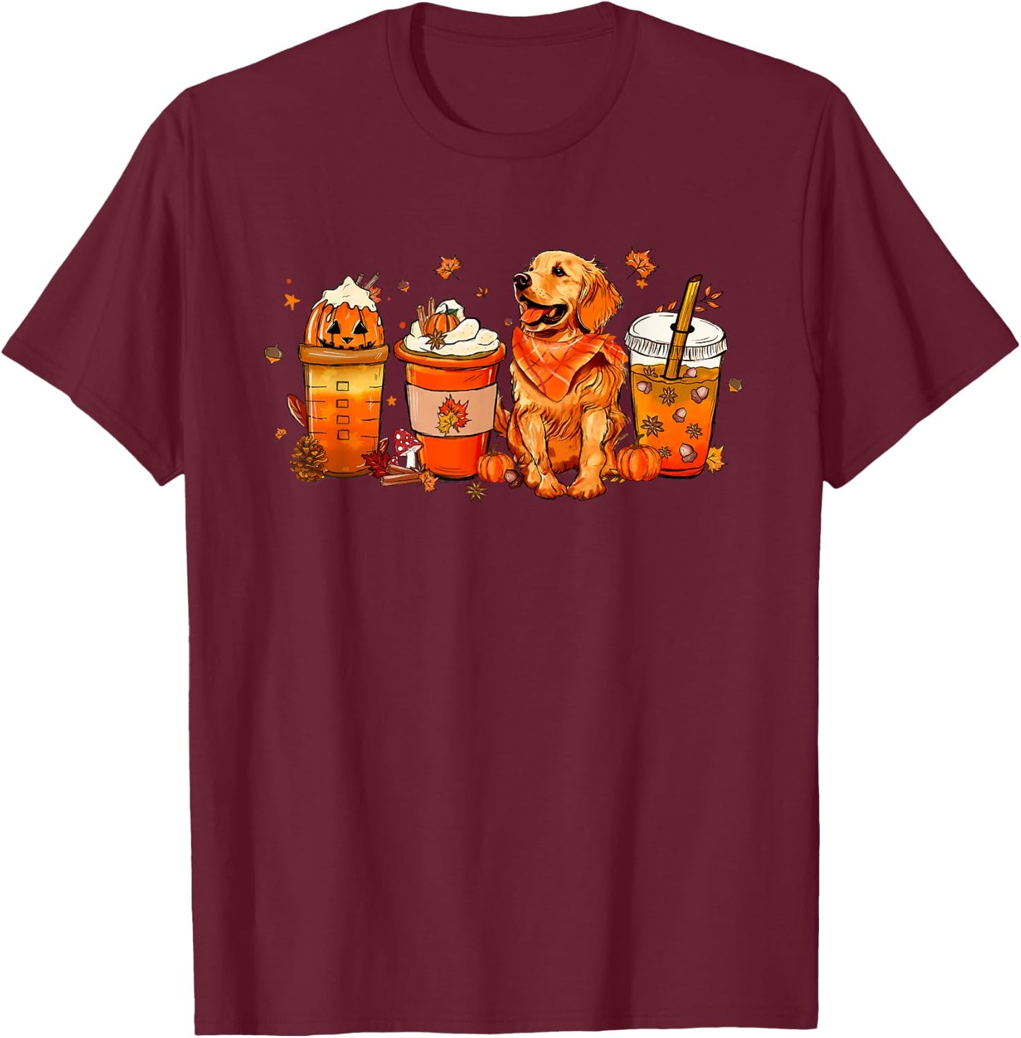 Golden Retriever Pumpkin Coffee Latte Autumn Fall T-Shirt - T-Shirt | Maroon
