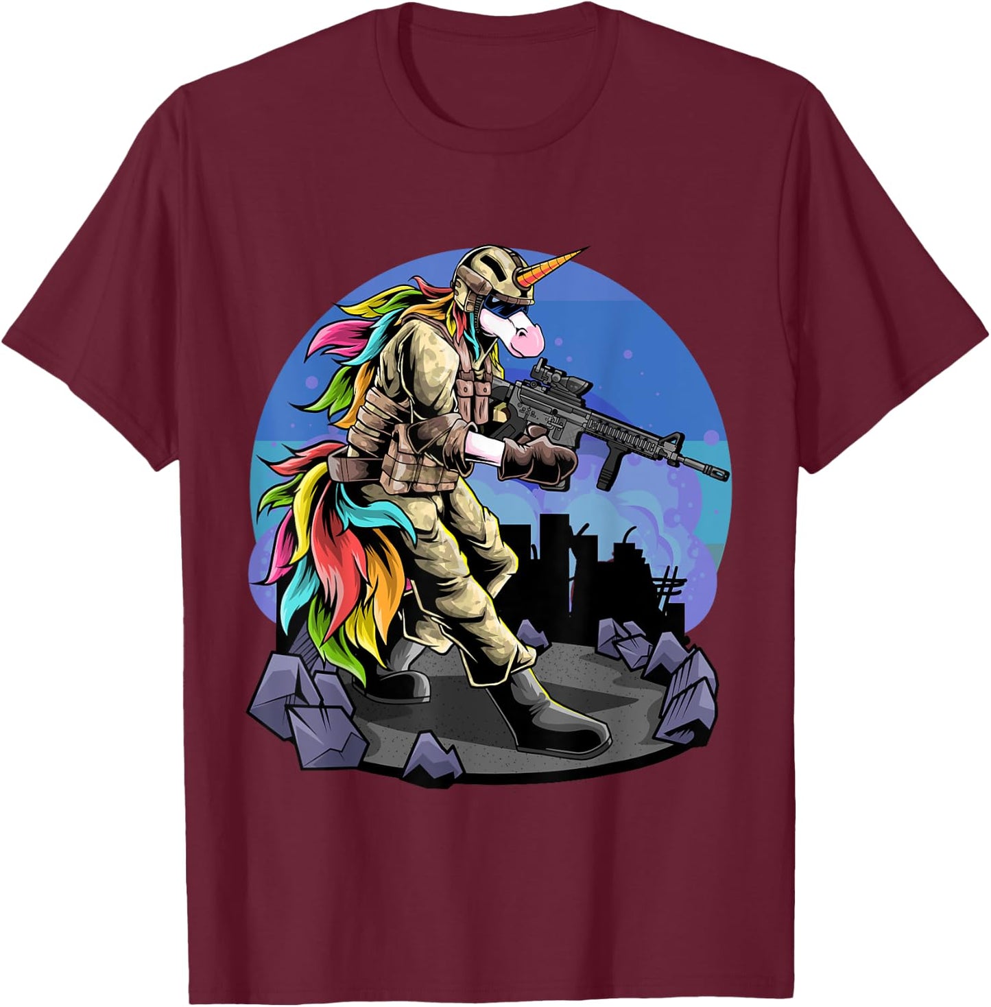 Unicorn Shooting A Gun I Unicorn Warrior I Soldier Unicorn T-Shirt - T-Shirt | Maroon