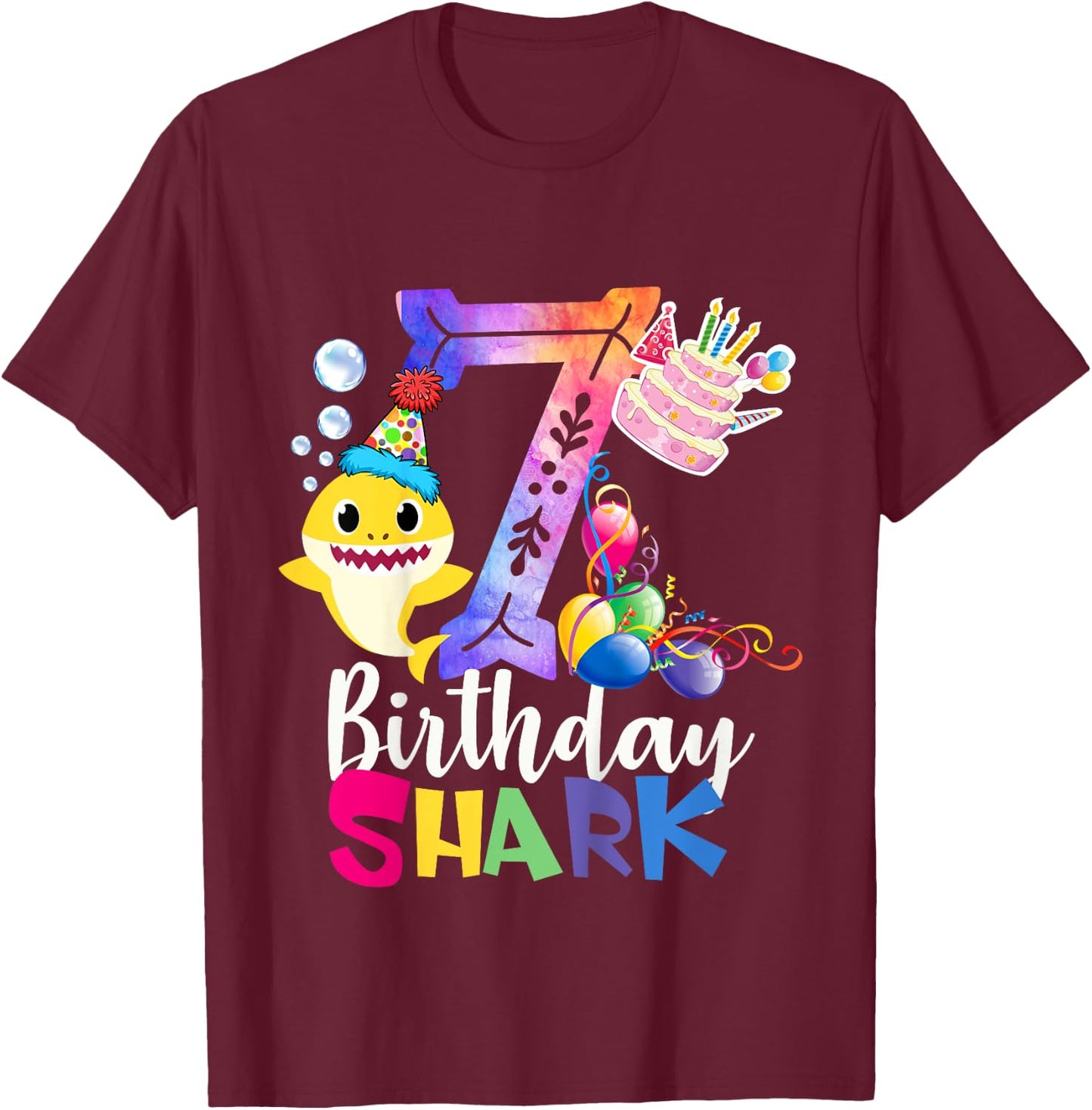 Best 7th Birthday Gift - 7th Birthday Shark Baby Cute T-Shirt - T-Shirt | Maroon