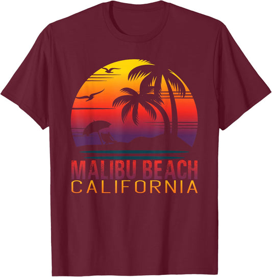 Retro Sunset Malibu Beach California Summer Vacation Gift T-Shirt - T-Shirt | Maroon