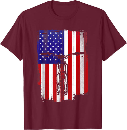 Mountain Biking American Flag Cycling USA Flag Mountain Bike Women Men T-Shirt - T-Shirt | Maroon