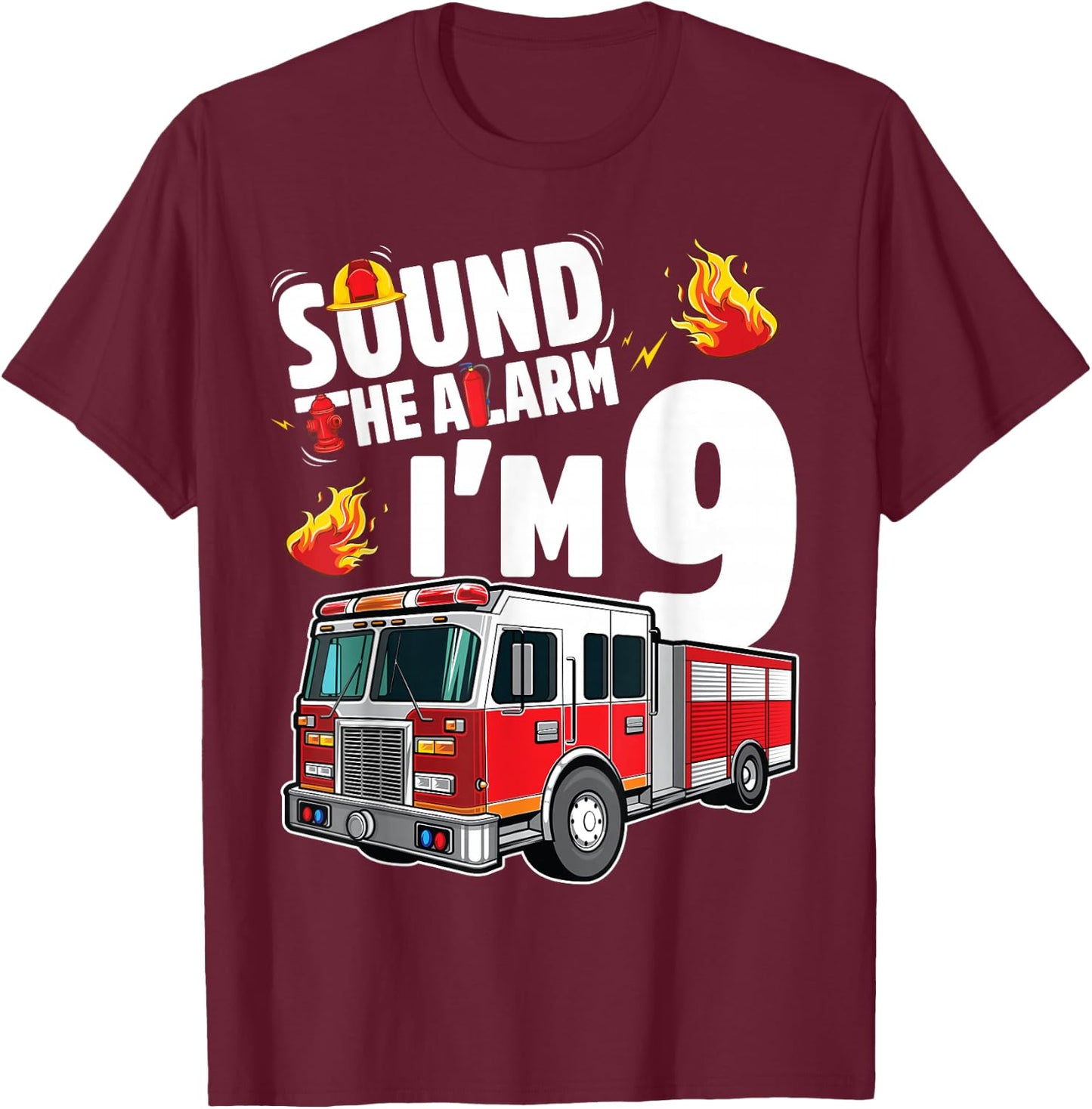 Fire Truck 9th Birthday Boy Firefighter 9 Year Old T-Shirt - T-Shirt | Maroon